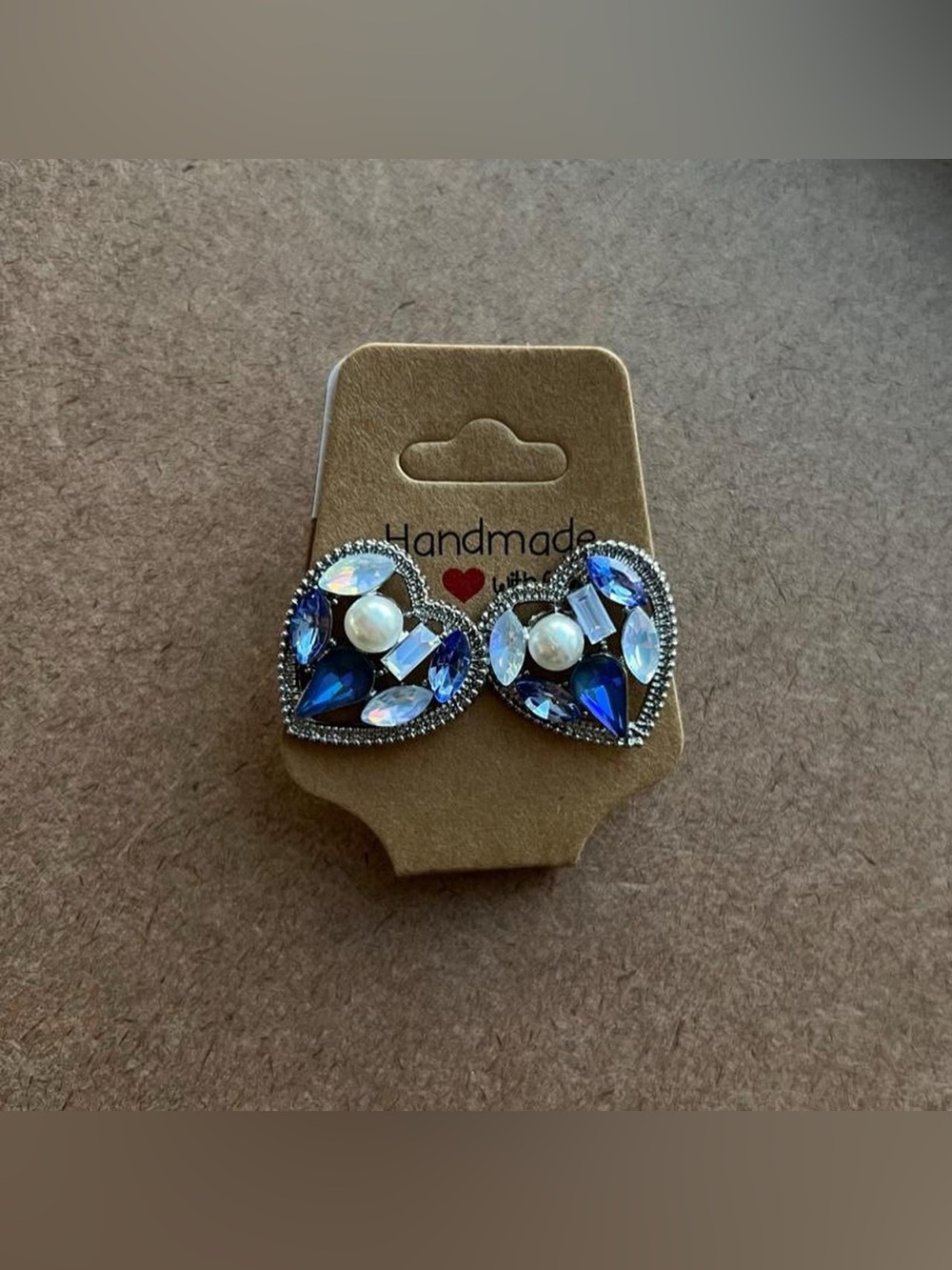 Blue Crystal Heart Earrings with Pearls